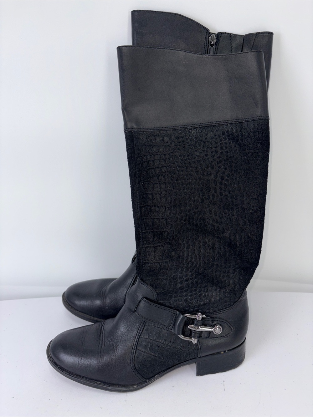 🪡 Circa leather and suede Black Riding Boots with Buckle Detail